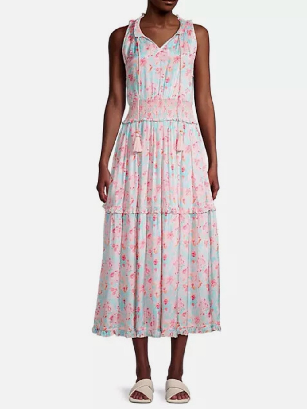 Roller Rabbit Amandine Frida Midi Dress Pink Tassels Smocked Waist Size XS NWOT